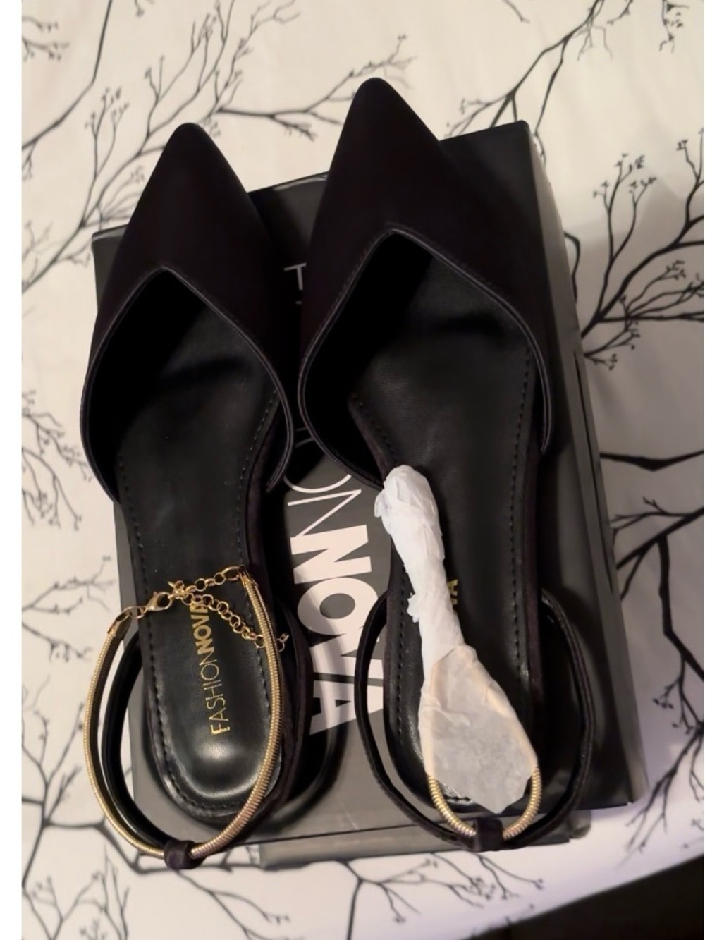 Fashion Nova Black Pointed Toe Ankle Strap Mules with Gold Accents